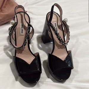 Miu Miu Black Heels with Chunky Block Heel and Braided Straps